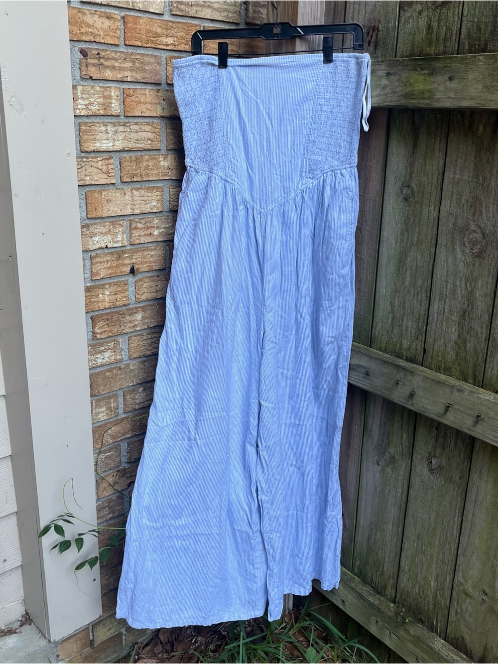 Aerie Linen Blend Light Blue Strapless Jumpsuit with Smocked Bodice